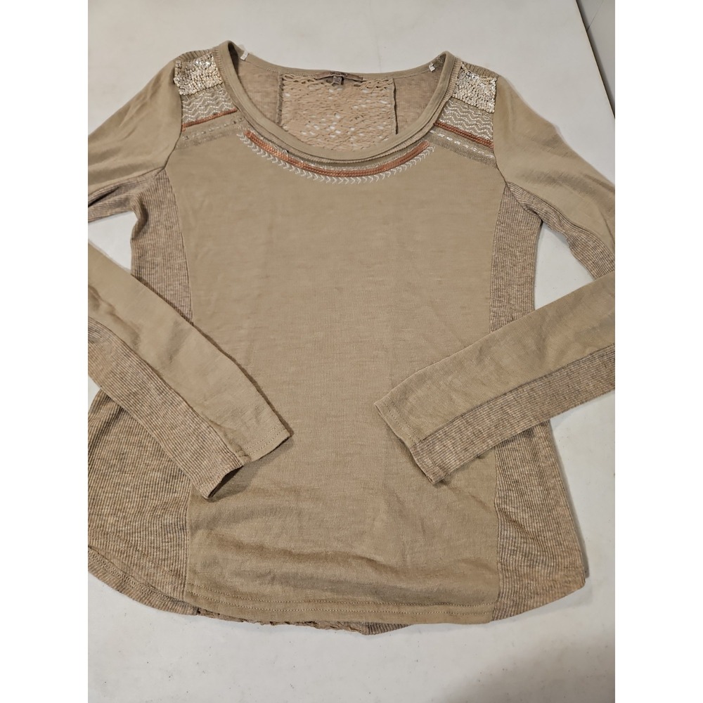 Miss Me Long Sleeve Medium Tan Shirt Sequins Lace Stretch Blouse Cowgirl (1989